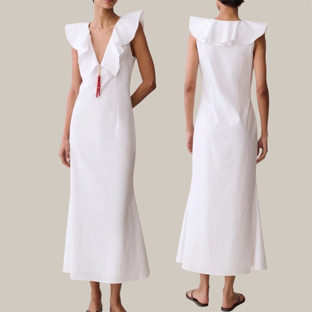 Few Moda Charm Cotton Dress White Ruffle V Neckline Trumpet Midi 8 M Minimalist